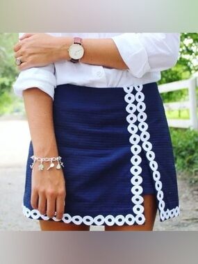 Talbots Navy Wrap Skort White Embroidered Trim Textured Size 14